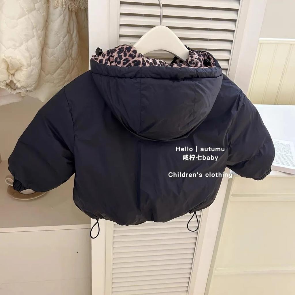 Kids Reversible Leopard Print Hooded Puffer Jacket Winter Thick Warm Coat For Boys And Girls