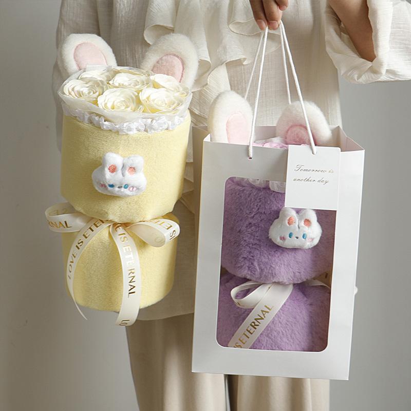 

1PC Soap Flowers Cute Flower Packaging Bucket for Birthday Gifts Rose Flower Bouquet Finished Plush Rabbit Ear рожевий