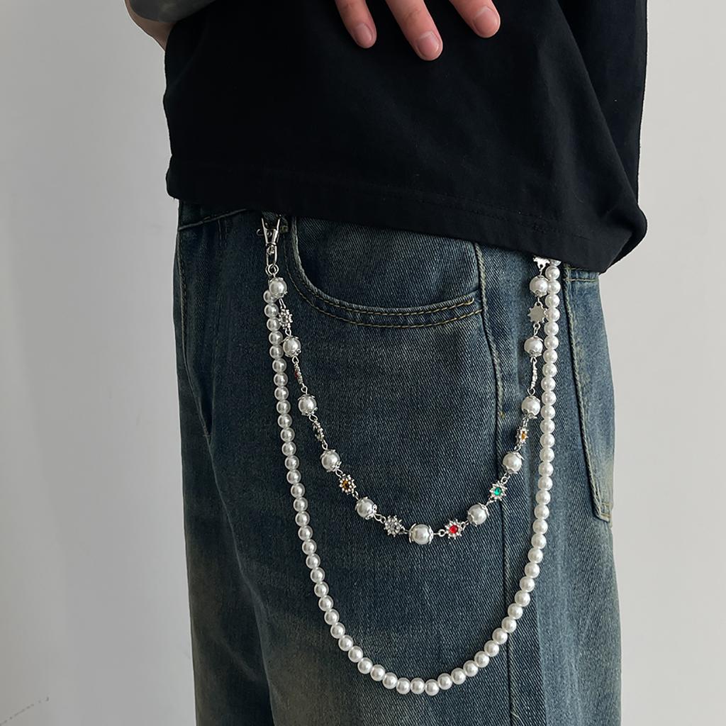 IngeSight.Z Moda Perla Sintetica Strass Fiore Catena per Jeans Portachiavi Uomo Donna Pantaloni Hipster Catena Pantaloni Gioielli HipHop