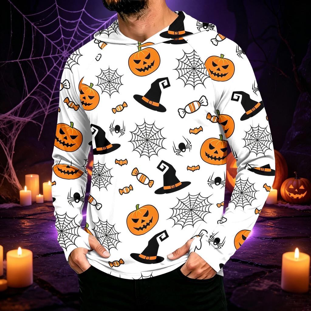 Men's Long Sleeve Sun Hoodie with Halloween Print for Outdoor Activities