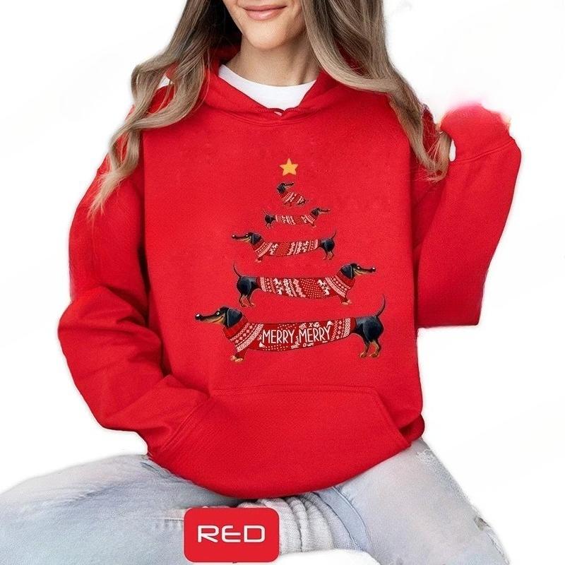 Christmas Dachshund Printed Hooded Sweatshirt Merry Christmas Women's Loose Fleece Hoodies Xmas Dog Cartoon Anime Hoody Clothing