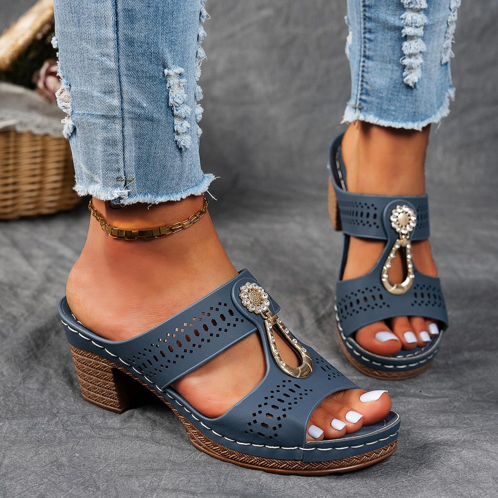 Summer Sexy Banquet High Heel Sandals Roman Soft Lightweight Hollow Metal Beach Slippers for Women