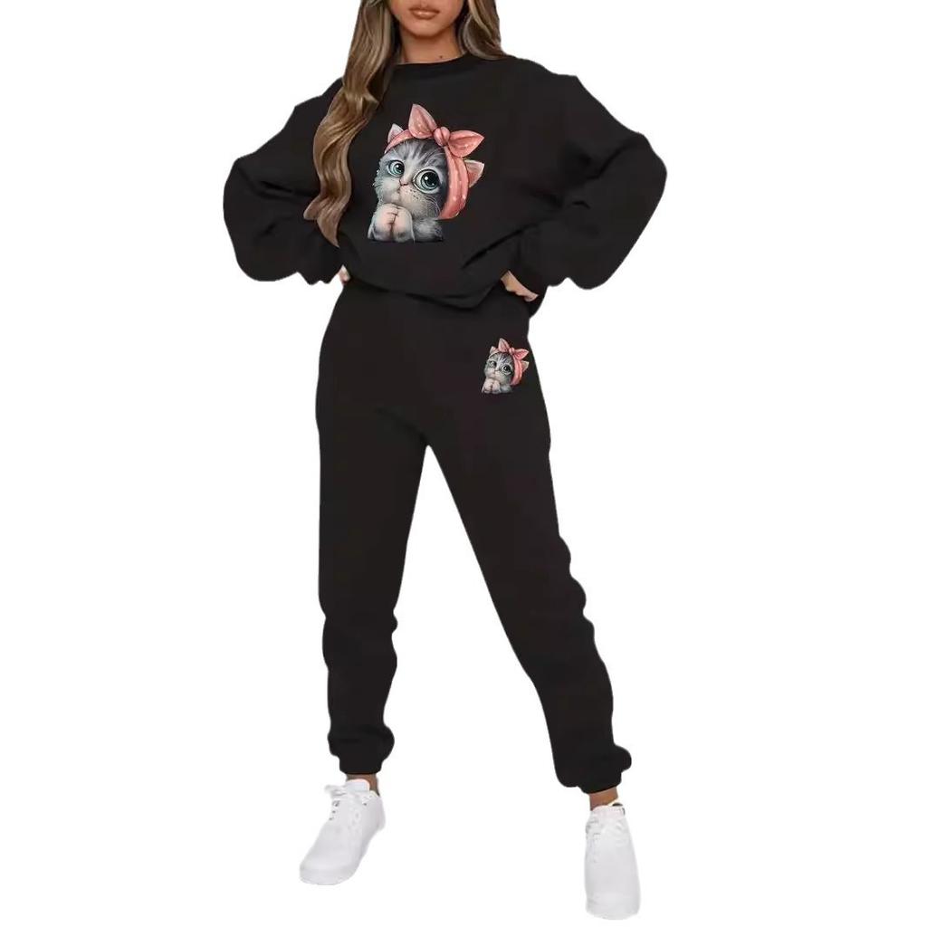 Versatile Cartoon Bear 3D Printing Two-Piece Set Long-Sleeved Sweater Trousers Casual Loose Sweater Set