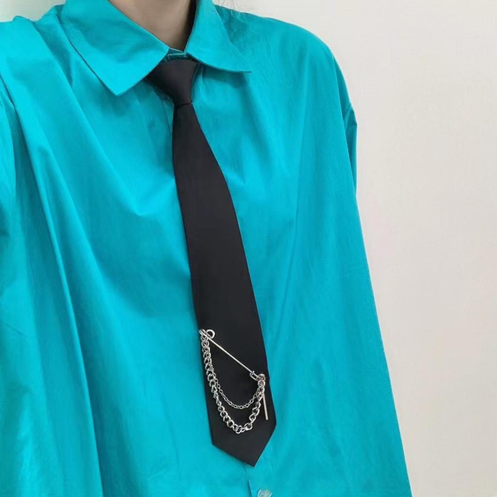 Unisex Japanese Preppy Student Uniform Adjustable Pre Tied Necktie Vintage Punk Long Chain Metal Pin Neck Tie Neckwear
