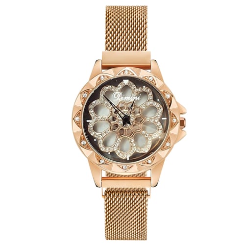 

RORIOS Women s Watch with Magnetic Mesh Band, 360-Degree Rotation, Floral Rotating Bezel, Sparkly Design, Cute Quartz Movement, Analog Display, Rose G