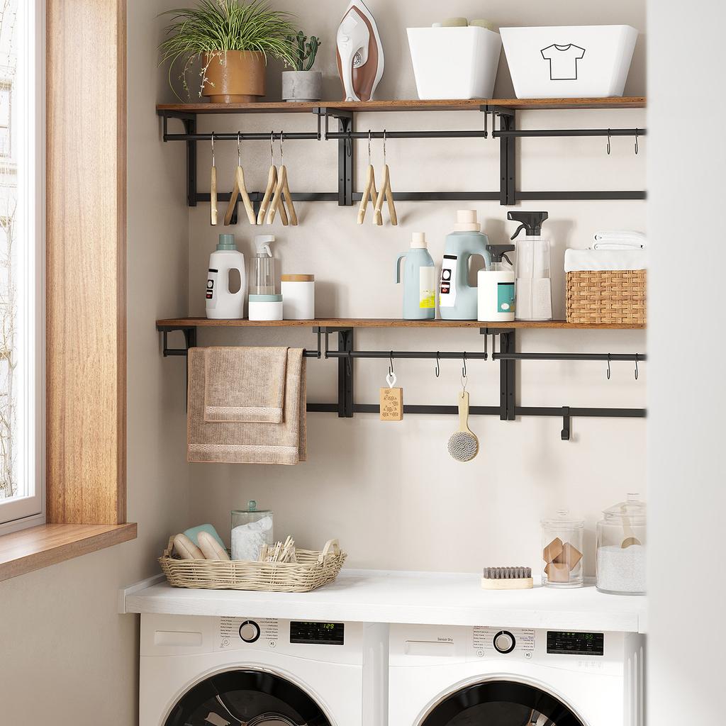 VASAGLE Wall Mounted Coat Rack, Wall Shelf with 8 Removable Hooks, Wall Mounted Hanging Shelf with Clothes Rail, for Hallway, Bedroom