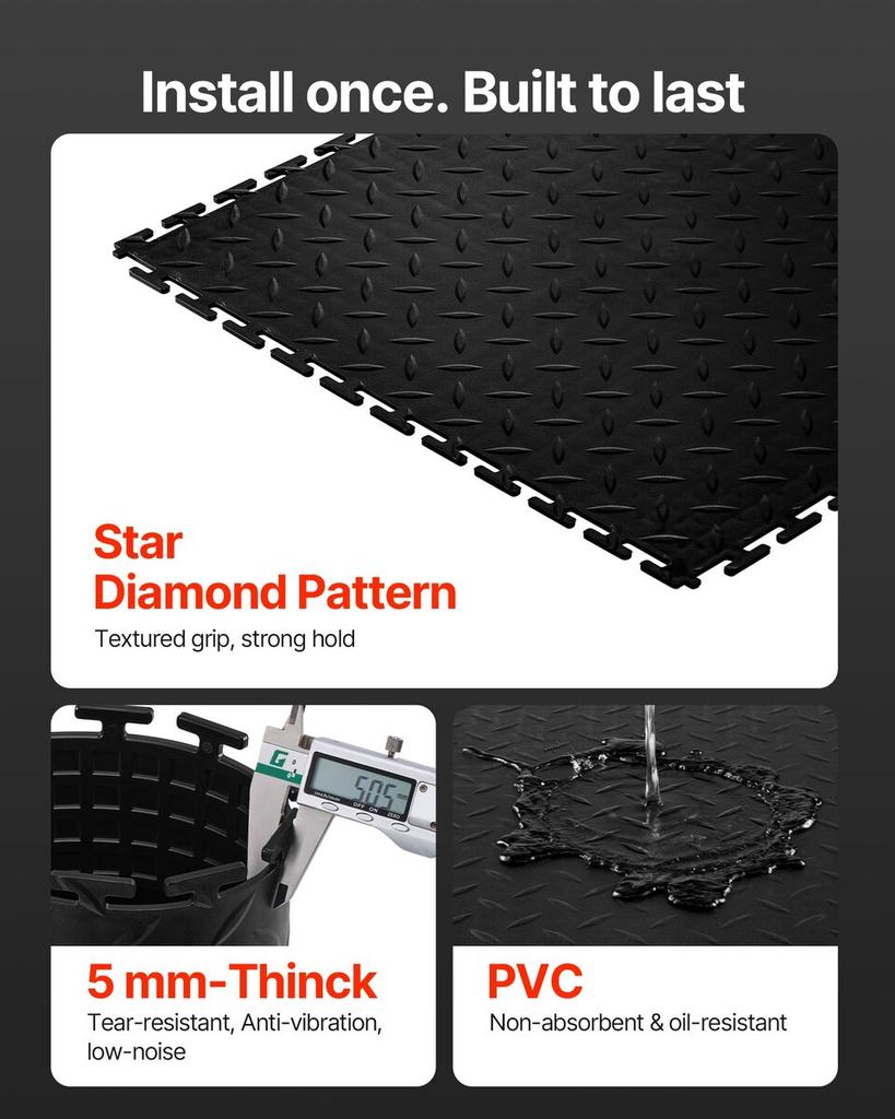 Garage Floor Tiles Interlocking, 8 Pack 513 x 513 x 5 mm Interlocking Modular Garage Flooring Tiles, Diamond Plate Slip-Resistant PVC Mats for