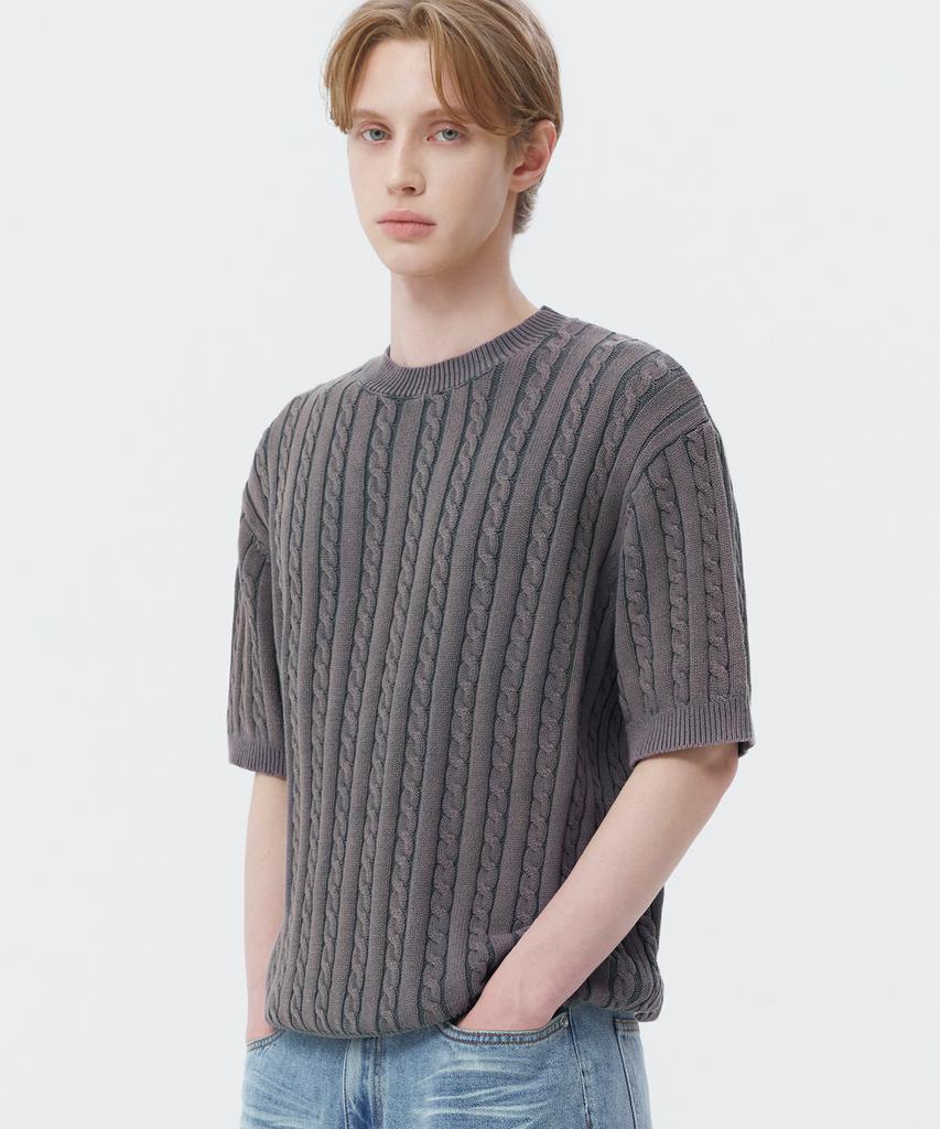 TRILLION Vintage Washed Cable Half Sleeve Knit [Lavender Grey]