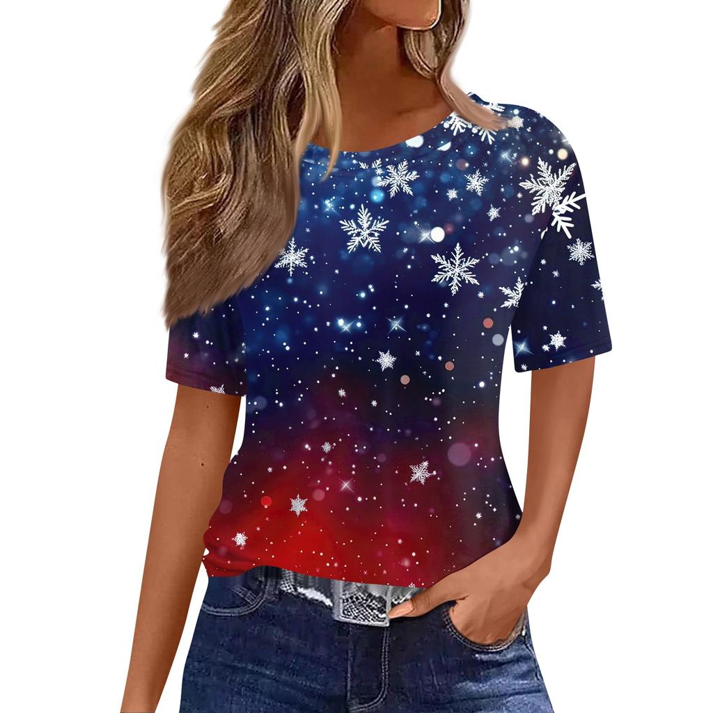 Women's Fashionable Casual Short Sleeve Christmas Print Round Neck Pullover Top