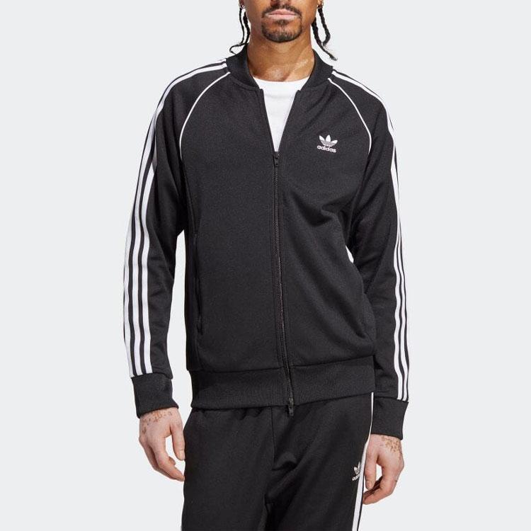 Adidas Originals Trefoil Logo Print Striped Trim Long Sleeve Jacket Men Jackets Black IA4785