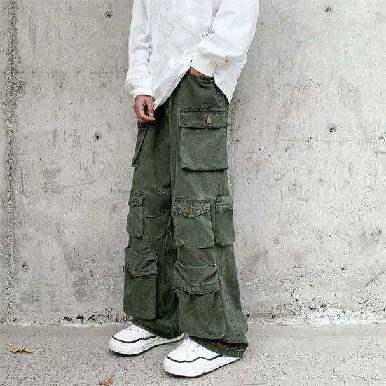 Men Cargo Pants Street Style Loose Multi Pockets American Retro Trousers Solid