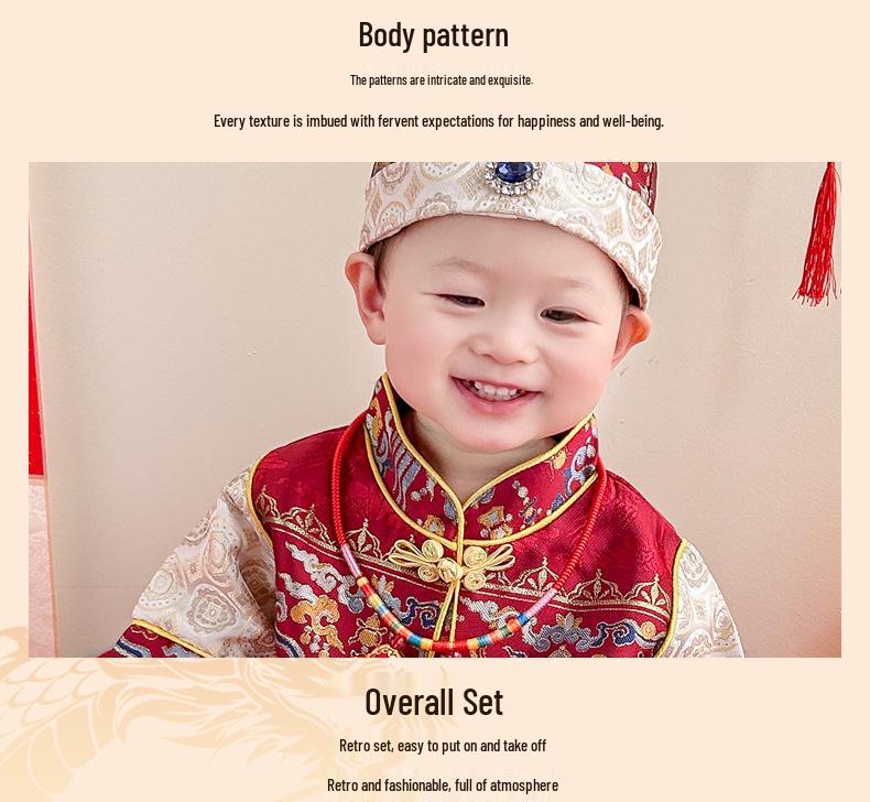 Summer Baby Boy Birthday Tang Suit with Crown for Zhou Ceremony