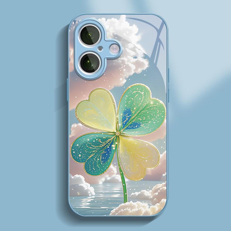Golden flash four-leaf clover is suitable for Apple 16promax mobile phone case iPhone15/14 new cartoon 13 glass case.