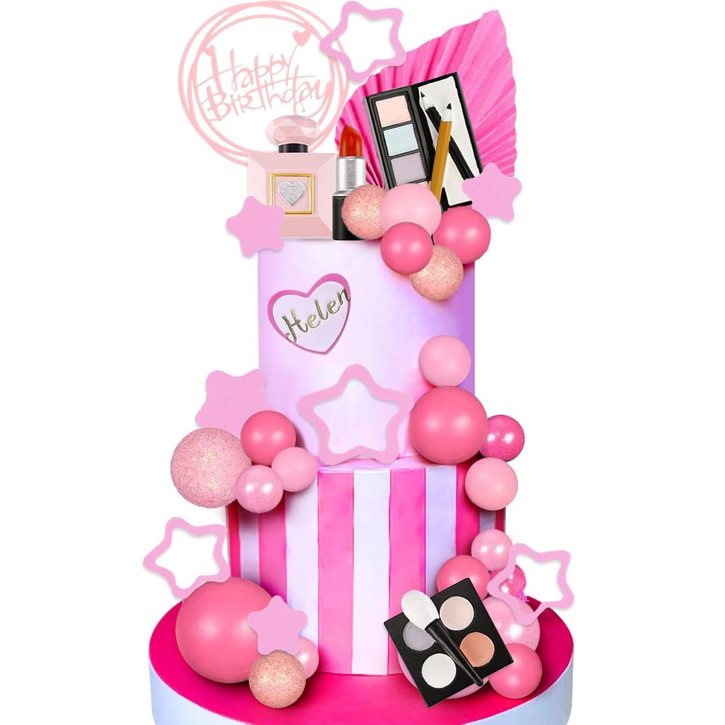 34-teiliges Set Make-up-Kuchenaufsätze, Happy Birthday-Kuchenaufsätze mit Lippenstift, Lidschattenpinsel, Make-up-Pinsel für Mädchen, Geburtstagsdekoration
