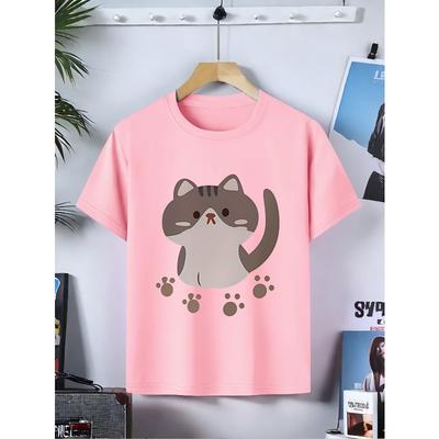 ' Mărimi Europene Tricou Drăguț cu Imprimeu Pisoi Mânecă Scurtă - Top Casual de Vară cu Gât Rotund Design Față Pisică și Pisoi, Bluză Moale Respirabilă,