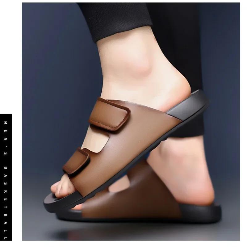FashionSummer Fashion Leather Slippers for Men Outdoor Beach Men's Sandals Designer New Hollow Soft Soled Slip-on Flip Flops Shoes Male
