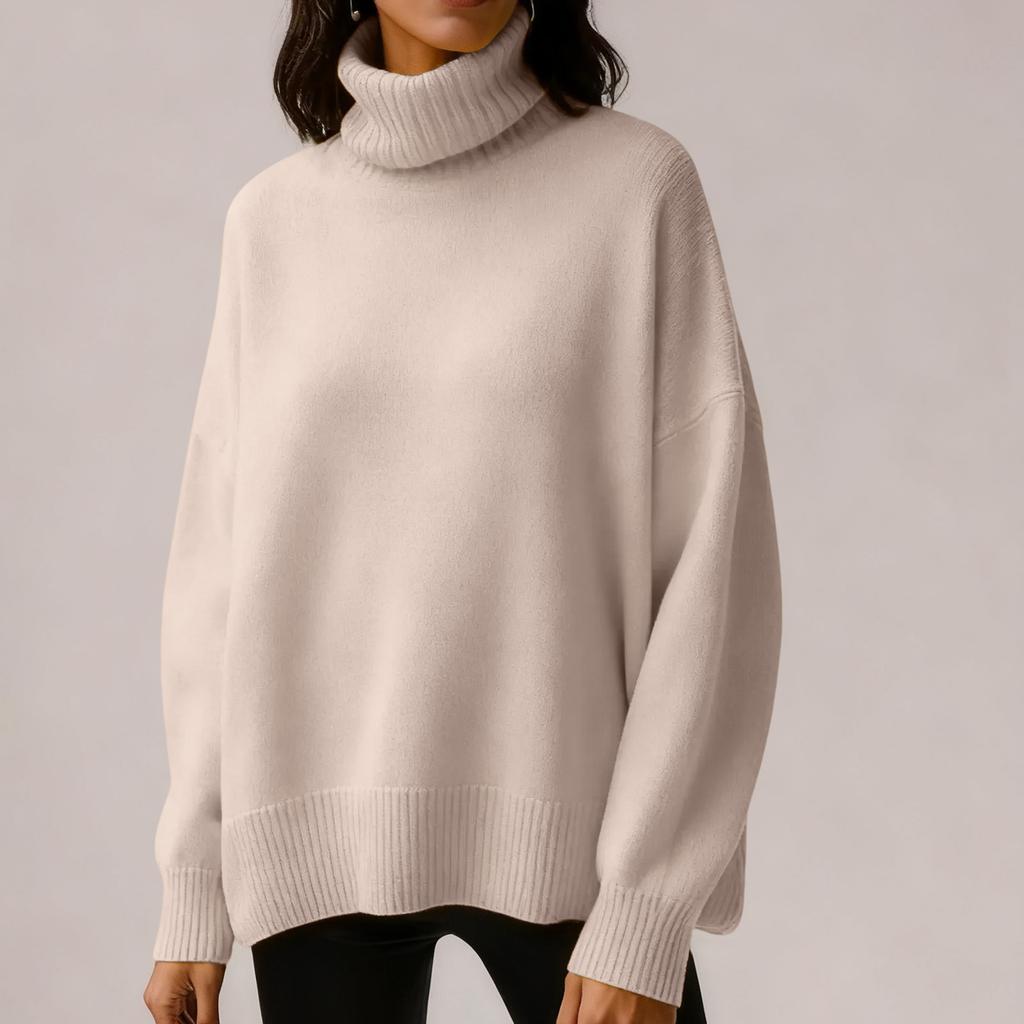Women's Solid Color High Neck Pullover, Solid Color Loose Knit Sweater