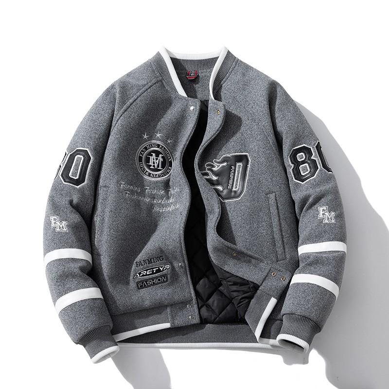 Unisex Vintage Baseball Jacket Warm Thickened Wool Blend Oversized Hoodless Outerwear Winter Daily Wear