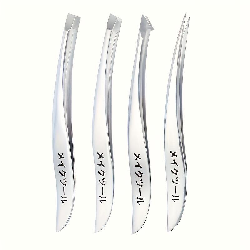 4pcs Precision Stainless Steel Tweezers Set - Eyebrow, Nose & Facial Hair Removal, Fragrance-Free, Glossy Finish
