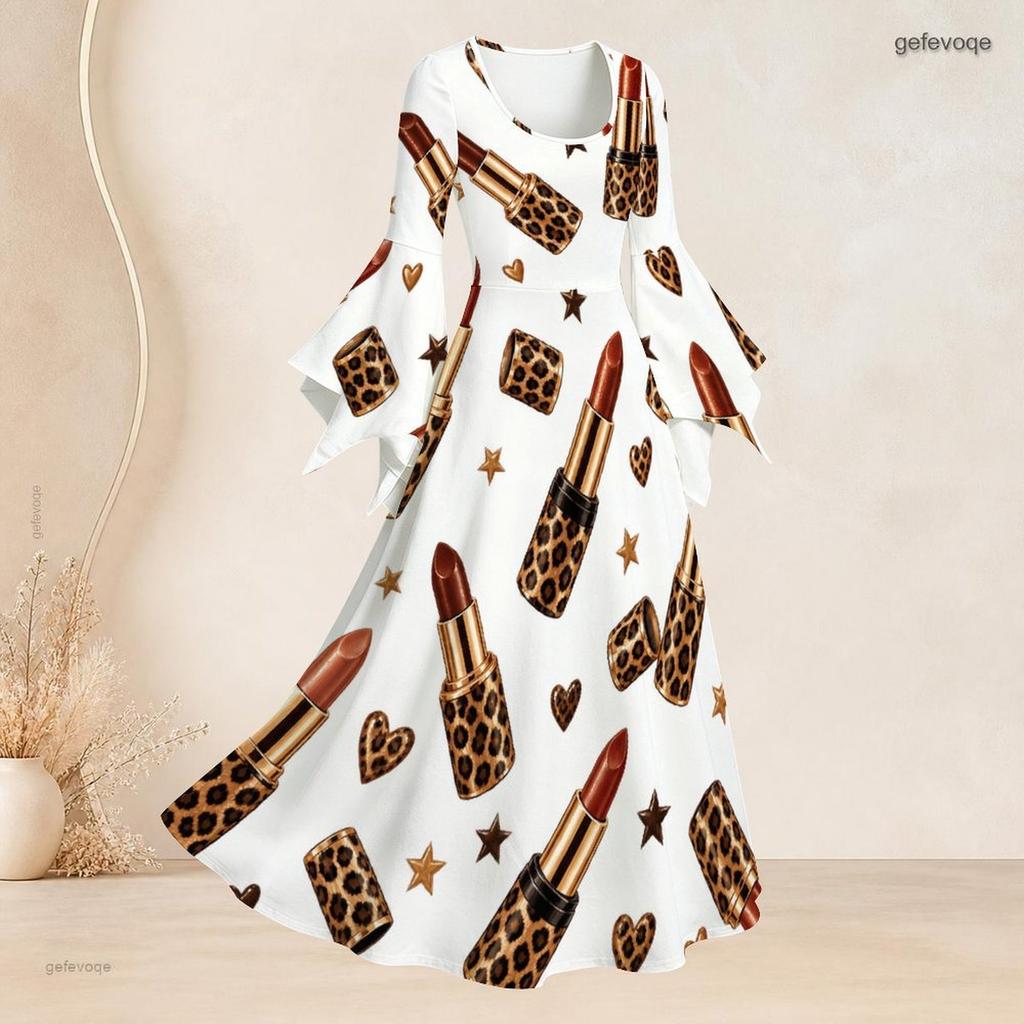 Women Plus Size U Neck Bell Sleeve White Crown Leopard Print Maxi Dress