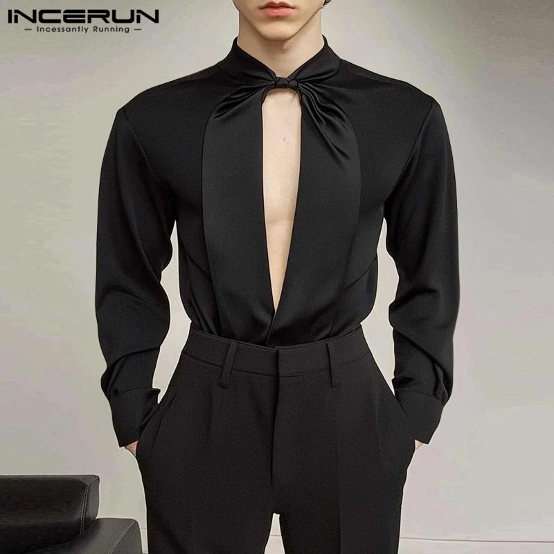 INCERUN Men Open Front V Neck Satin Shirts Solid Casual Party Tops Shirts