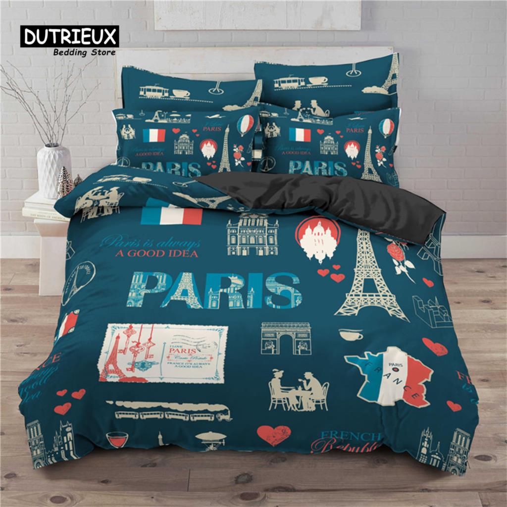 2/3KS Soft Paris Eiffelova věž Sada povlaků na přikrývku Love Heart 3D Print King Queen Sada povlečení na přikrývku z mikrovlákna Domácí textil