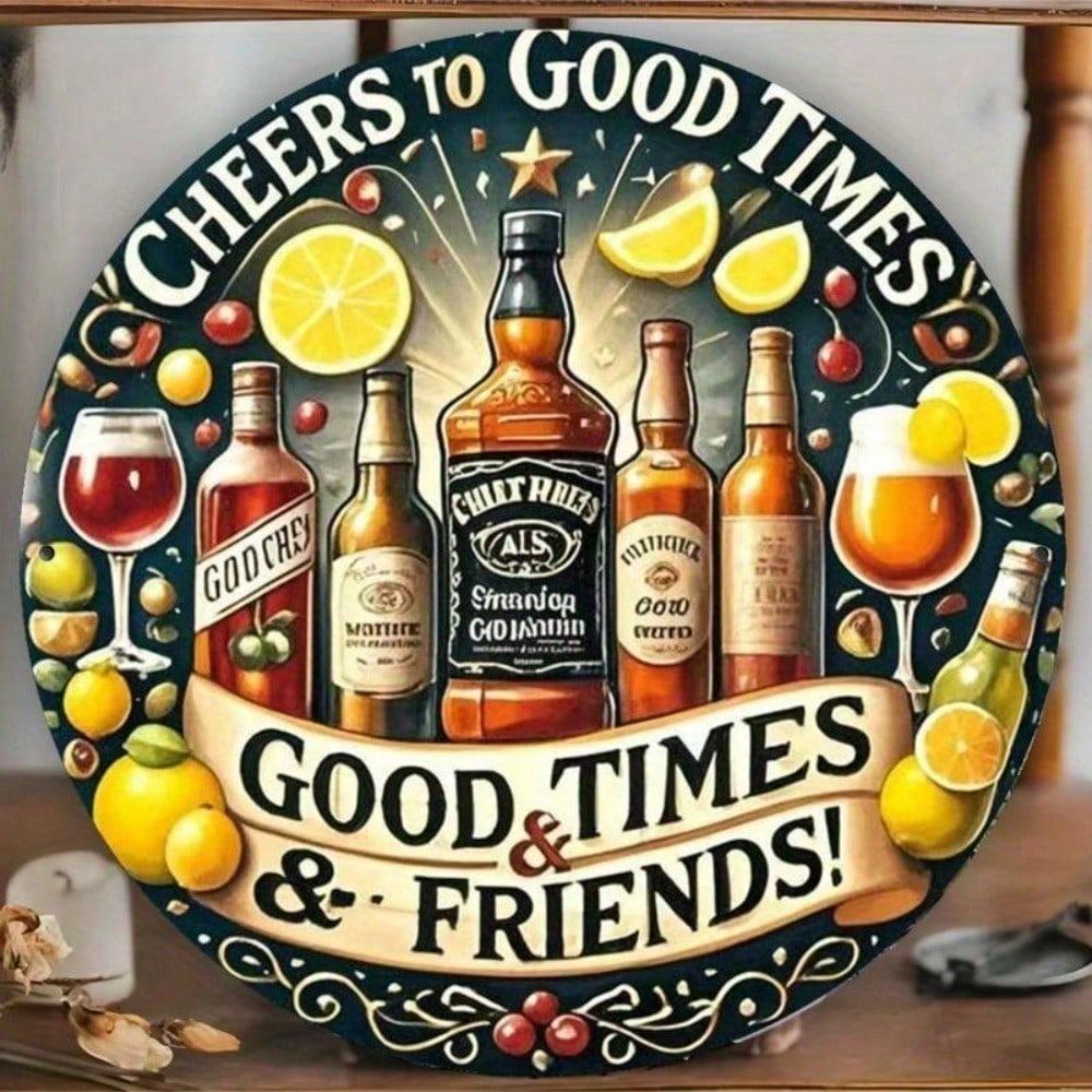 Cheers To Good Times & Friends Aluminum Wall Art, Whiskey Beer Wine Glasses Sign, 7.8 Inch Bar Cafe Garage Decor