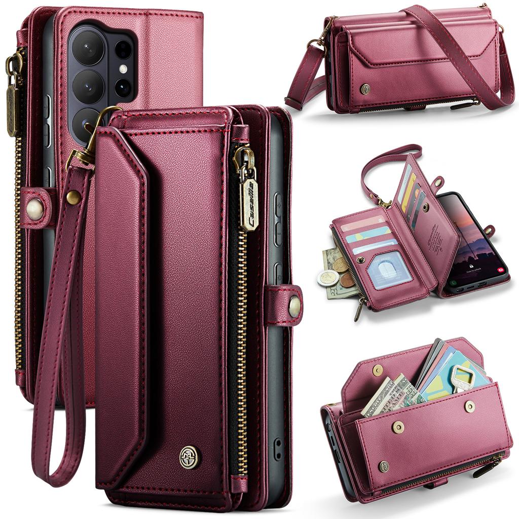 For Samsung Galaxy S26 Ultra Leather Case CASEME C36 Zipper 10 Card Slots Phone Cover with Straps