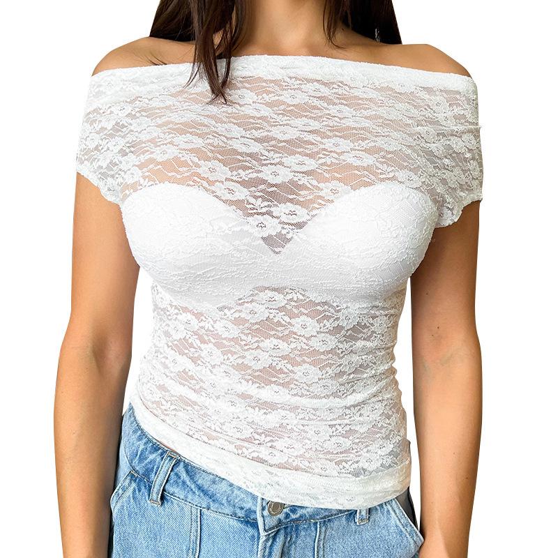 European & American Women's Spring/Summer Sexy Lace One-Shoulder Short-Sleeve Top
