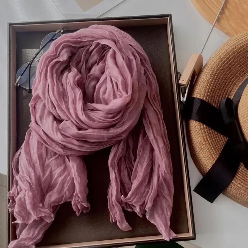 Solid Color Cotton Linen Scarf Retro Autumn Winter New Pleated Green Thin Strip Shawl Men'S Women'S Thermal Silk