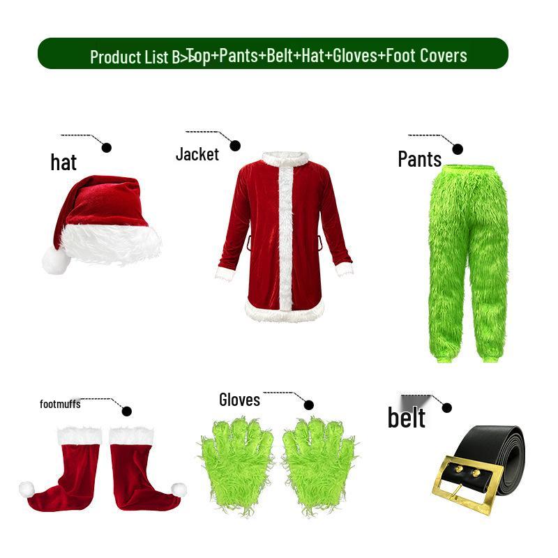 2025 Christmas Santa Claus & Grinch Cosplay Costume for Parties S/M