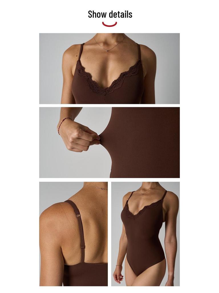 Sexy Lace Trim Camisole Bodysuit with Bra Pads - Fits All