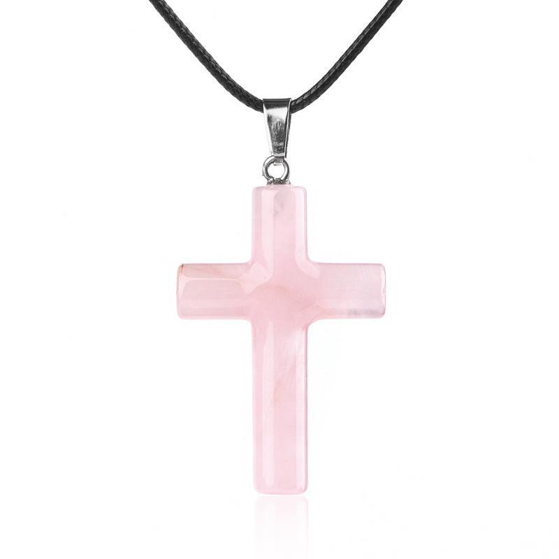 1Pc Handmade Carved Cross Natural Stone Pendant Necklace For Women Men Healing Chakra Crystal Charms Choker Jewelry