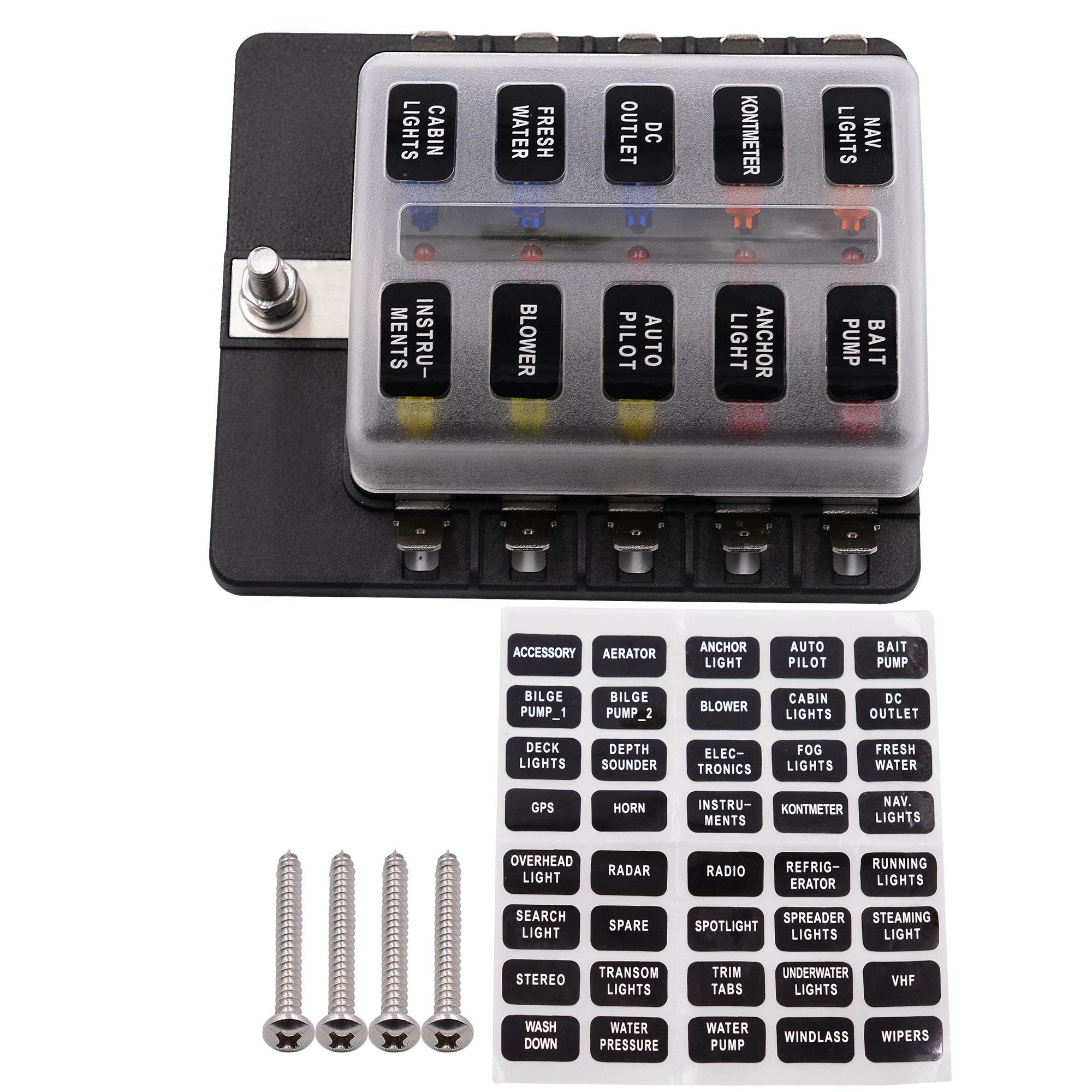 

PC Terminal Block Type, 1 In 10 Out Fuse Boxes for Cars, RVs, and Ships, with LED Lights, 12-32V 10*8.5*3.5cm матово-белый/чёрный