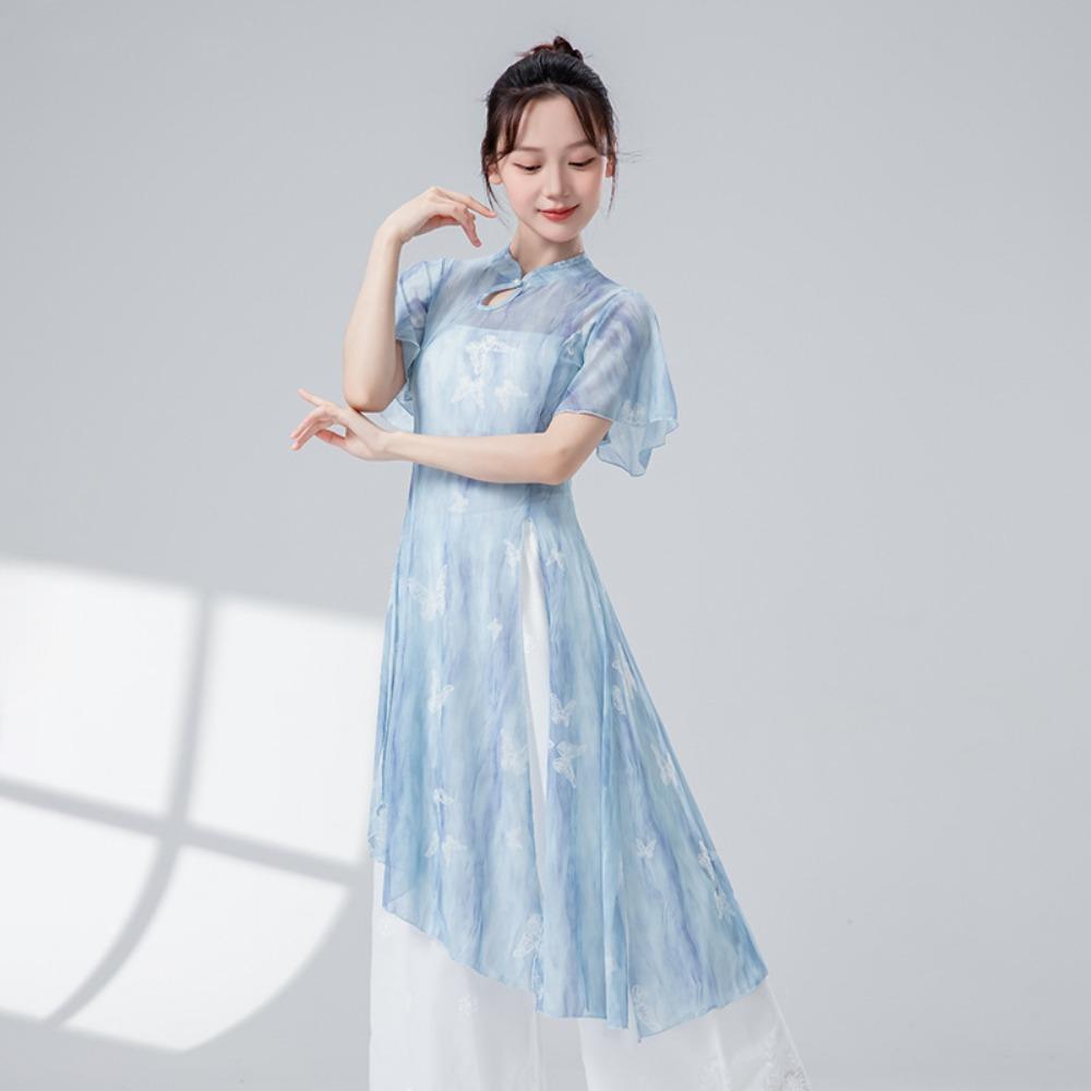 Butterfly Classical Dance Top Cheongsam Neck Dance Mesh Top Fashion Gauze Mesh Shirt  Women