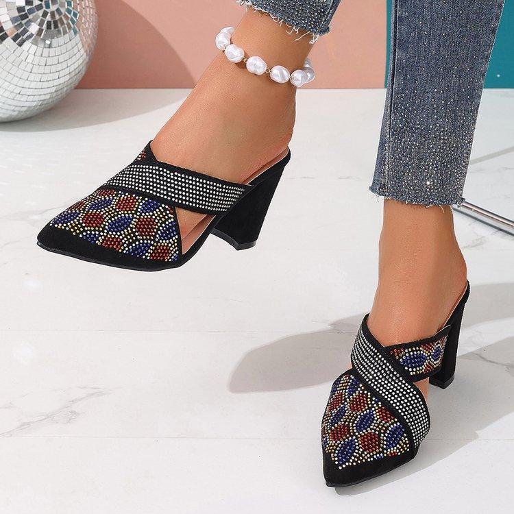 Women's Wide Width Rhinestone Mules, Pointed Toe Chunky Heel Slides, European Summer Slippers for Women