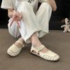 New Square Toe Shallow Mouth Cutout Sandals Summer Women Breathable Woven Metal Chain One Strap Block Heels Single Shoes
