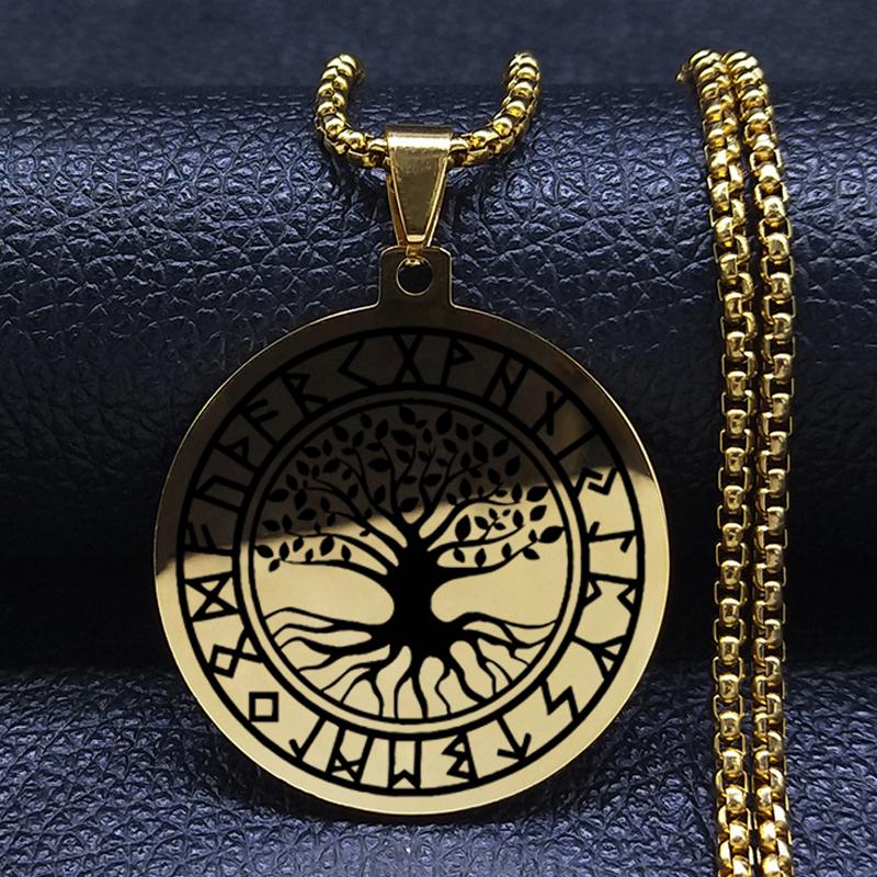 Yggdrasil Arborele vieții Colier din oțel inoxidabil pandantiv busolă Viking Celtic Nordic Arborele genealogic cu rune bijuterii