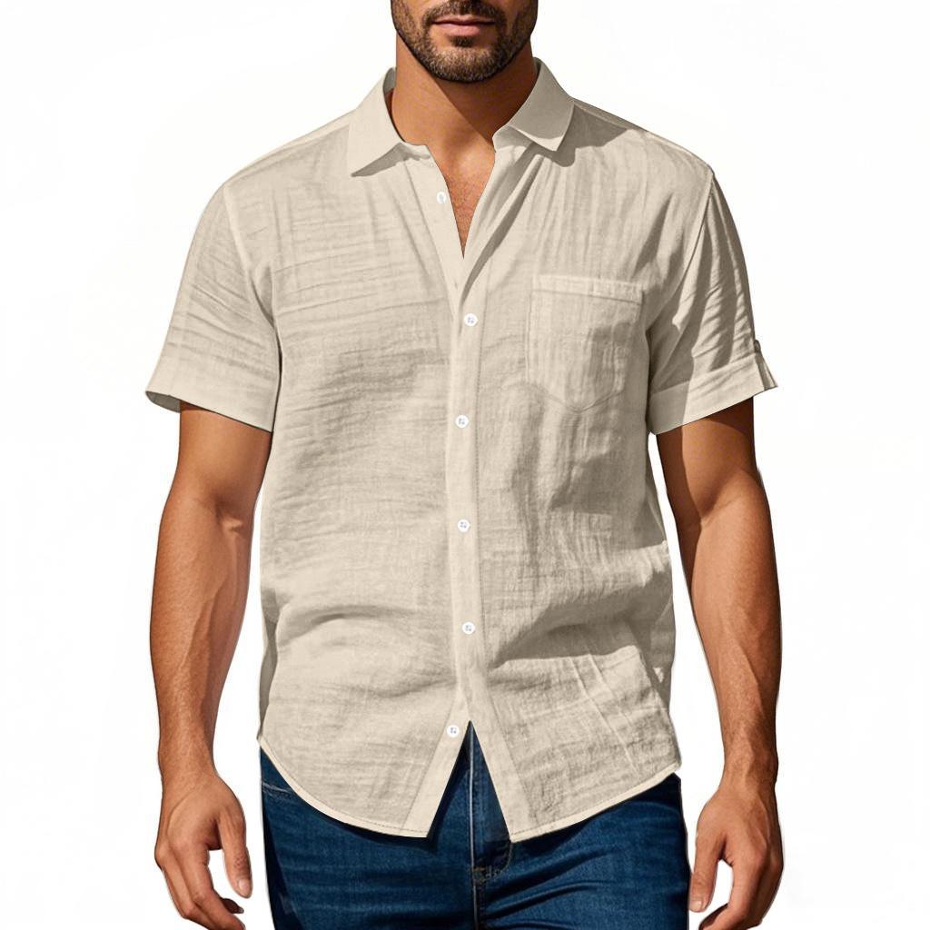 Men's Linen Relaxed Fit Casual Henley Collar Short-Sleeved Shirt