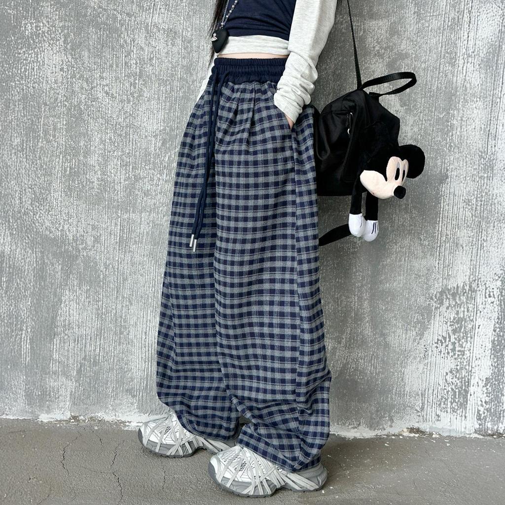 Girls' Spring/Autumn Plaid Wide-Leg Pants 2025 - Trendy Big Girls' Korean Scimitar Style