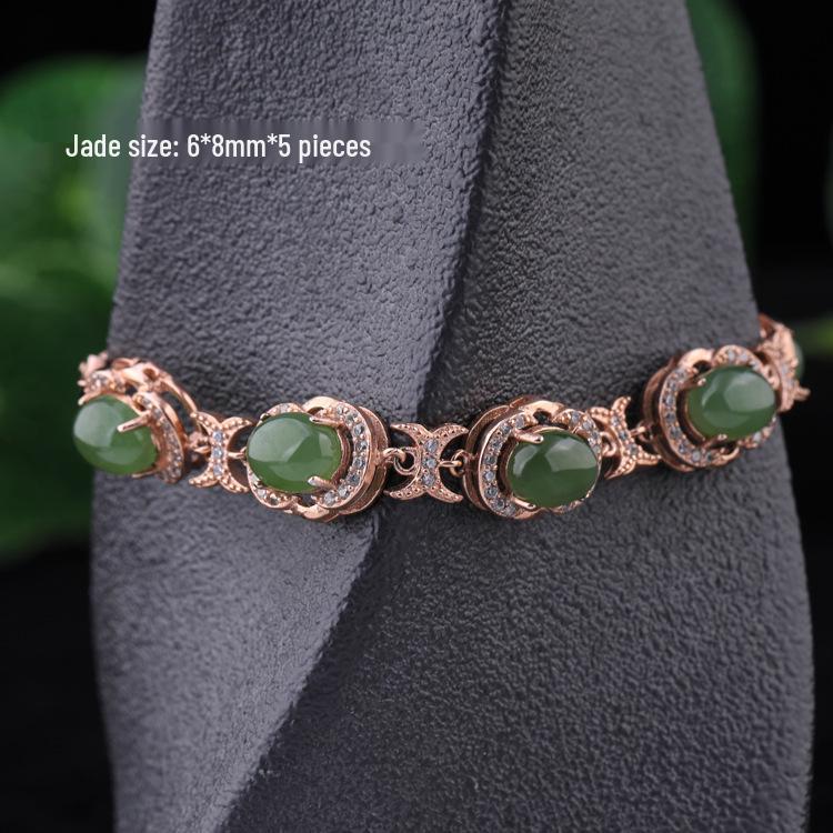 Bridal 4-Piece Set: Rose Gold Plated 925 Silver Earrings, Ring, Necklace with Jasper and Hetian Jade