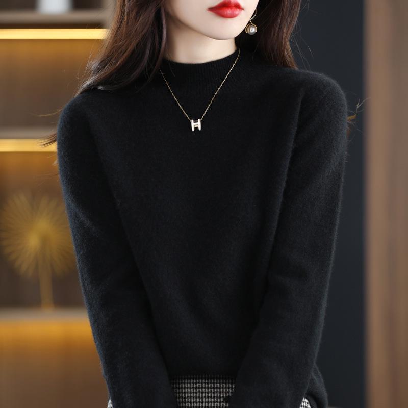 Women's Seamless Pure Wool Half-High Neck Loose Knit Sweater - Autumn Winter Cashmere Base Layer
