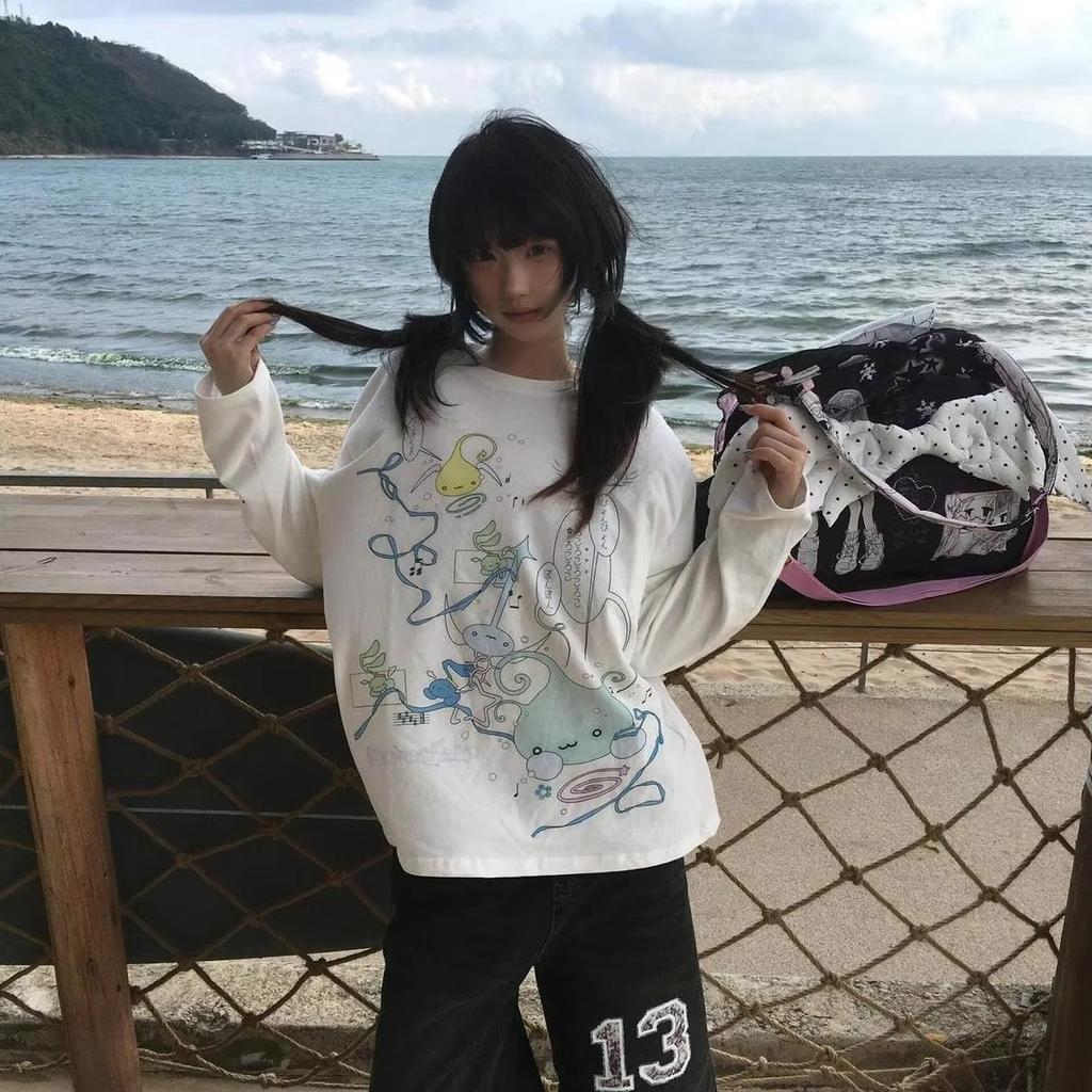 Japanese Cute Water Drop Printed Kawaii Long Sleeve T-shirt Women Spring Loose Sweet Bottom Shirt Top