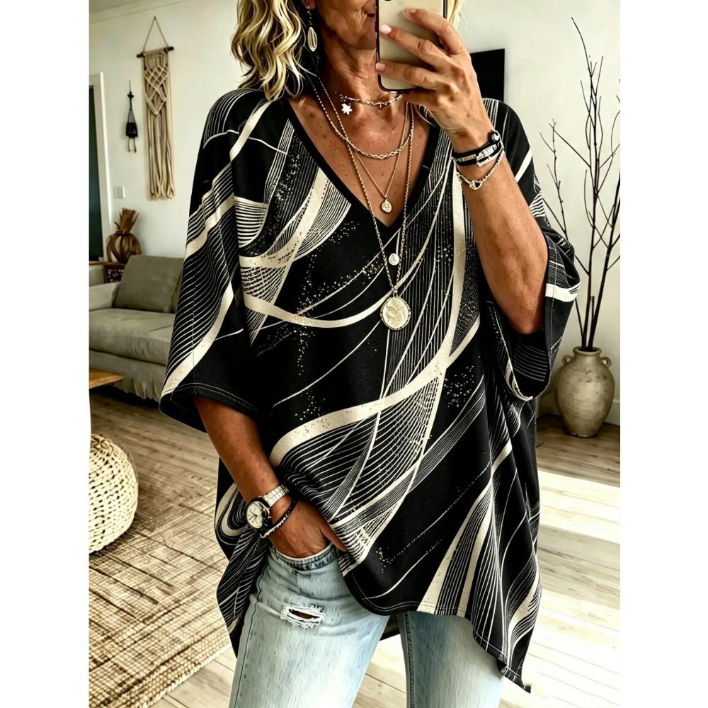 Plus Size - Women's Abstract Gold Line Print Oversized V-Neck Pullover, Bat Wing Short Sleeve Loose Shirt