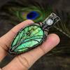 Green Dendritic, Moonstone Gemstone Copper Wire Wrap Jewelry Pendant 2.96"