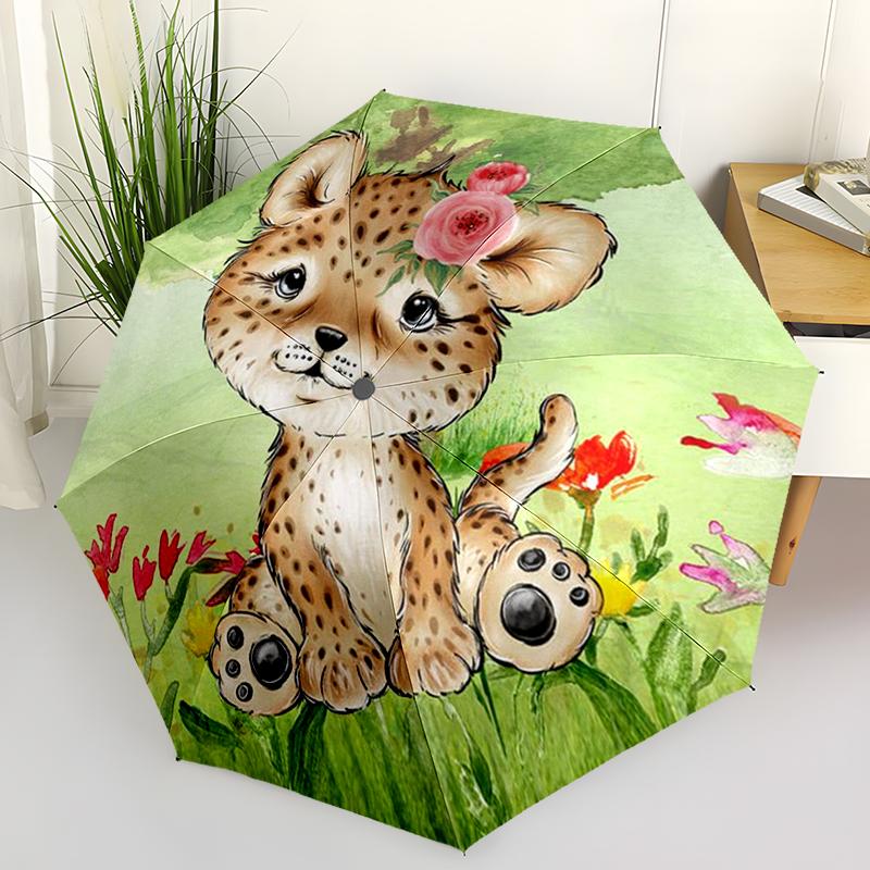 Cartoon Forest Animals Folding Umbrella Auto-Open Design 8 Iron Ribs Plastic Handle Foldable Sunshade Perfect Christmas Gifts