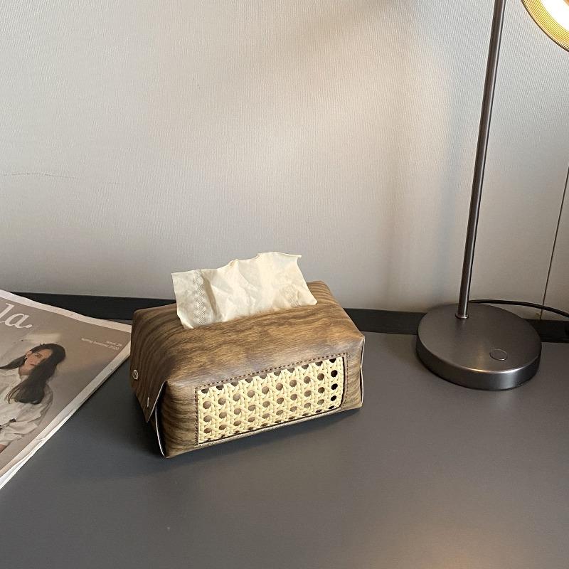 Bedroom Living Room Drawer Box Modern Simple Woven Hollow Leather Drawer Paper Box Wood Grain Tissue Box