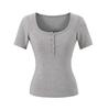 V-neck button-down short-sleeved T-shirt women's summer new American Spice Girl solid color slim-fit elastic crew neck bottoming top