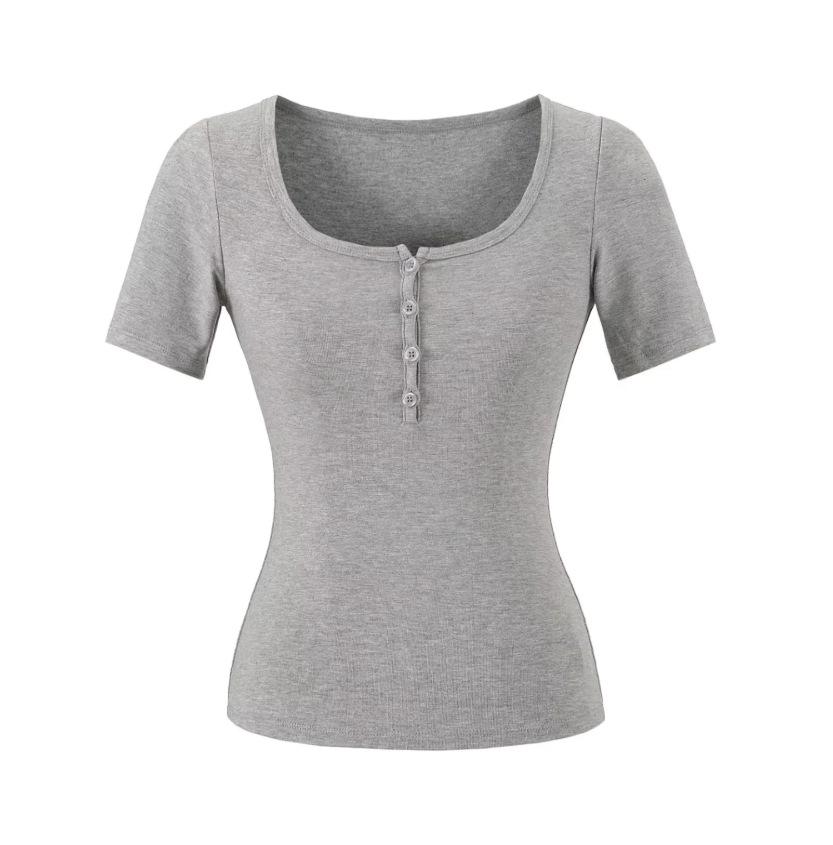 V-neck button-down short-sleeved T-shirt women's summer new American Spice Girl solid color slim-fit elastic crew neck bottoming top