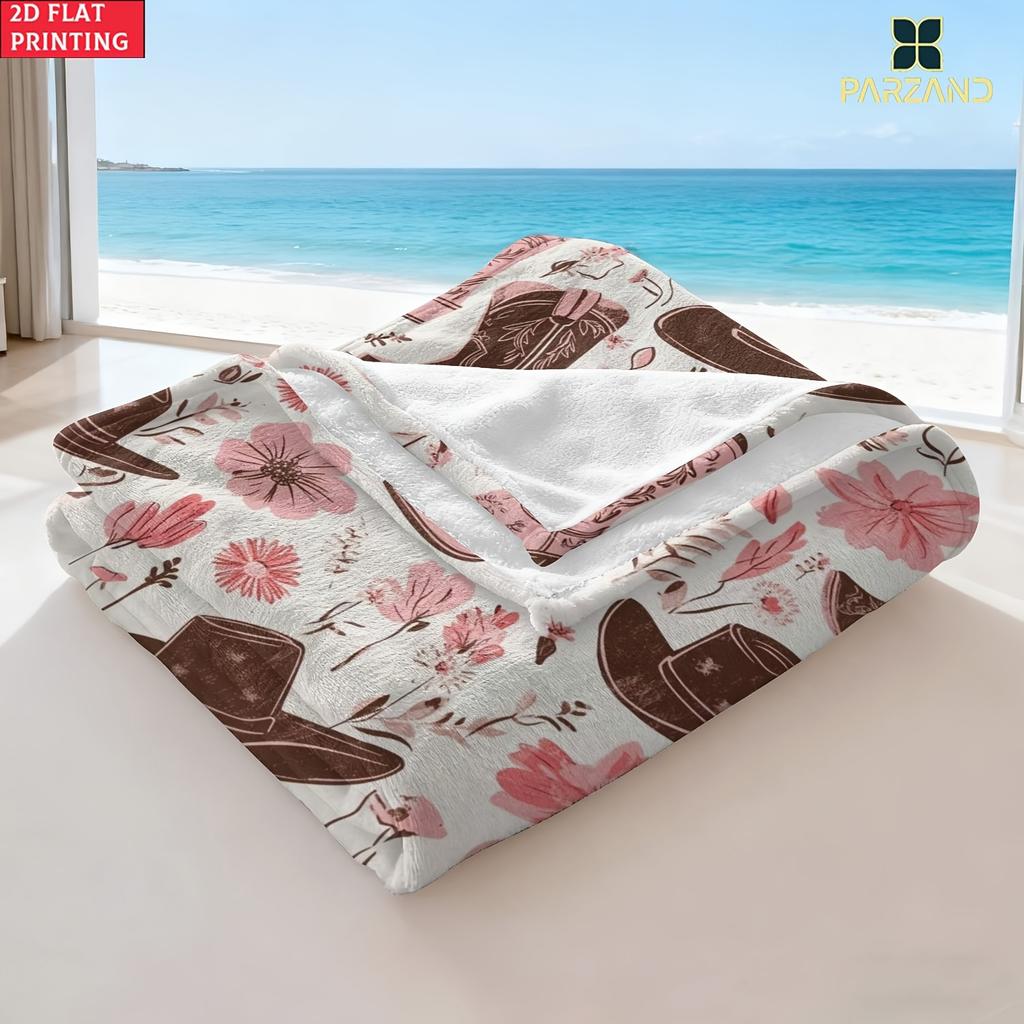 Pink Cowboy Boots Hat Floral Flannel Throw Blanket Western Country Wildflower Decor Sofa Blanket
